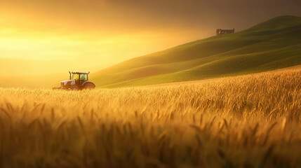Fototapeta premium tractor working in golden wheat field during sunset, creating serene agricultural scene