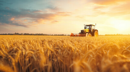 Obraz premium tractor working in golden wheat field during sunset, showcasing agricultural beauty and productivity