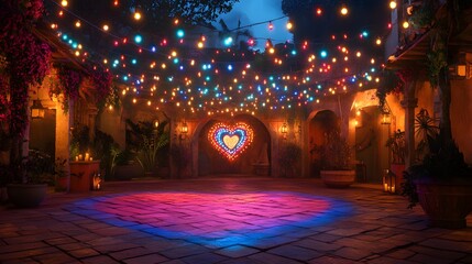 Colorful stage setup, vibrant lighting creating an inviting atmosphere, perfect for celebrations and performances, ample space for text.