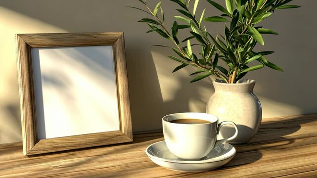 Warm coffee cup placed on a wooden table beside a vase with greenery and a blank picture frame