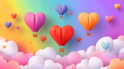 Colorful heart-shaped balloons floating among pastel clouds, vibrant rainbow background setting a cheerful, festive theme.