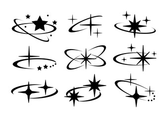 Set of stars and their orbits. Vector star path. Various designs. Star icons with orbit lines. Simple black star and orbit graphics.