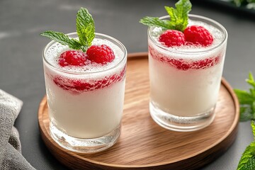 Refreshing raspberry panna cotta served in elegant glasses on a wooden tray with mint garnish