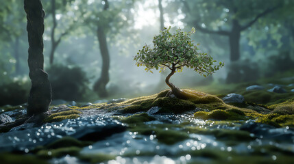 Fototapeta premium A small tree growing on mossy wood, with fresh dew