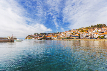 Picturesque view of Ohrid, North Macedonia, a historic town on Lake Ohrid shore, known for its...