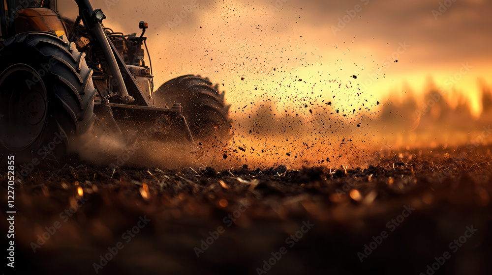 Aufkleber compact soil tiller working on small farm plot at sunset, creating dust and soil clouds, showcasing 