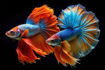 Fototapeta premium High-resolution stock photo: Three vibrant betta splendensâ€”orange, red-orange, and blueâ€”displaying stunning colors.