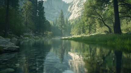 Calm river reflecting mountains, forest, tranquil scene