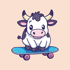cow playing a Skateboard Cartoon Vector Illustration
