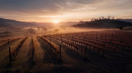 Obraz premium Breathtaking vineyard landscape at sunrise with mist and shadows