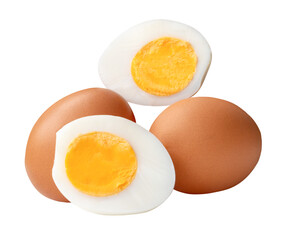 Side view of two raw chicken eggs and peeled cooked or boiled egg with egg yolk in two halves in stack isolated on white background with clipping path