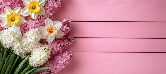 Spring Floral Arrangement on Pink Wooden Background, Daffodils and Hyacinths in Pastel Colors