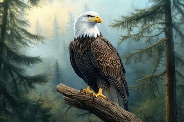 Obraz premium Majestic Bald Eagle Perched in Misty Forest