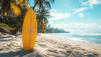 Surfboards against the backdrop of a Hawaiian beach with palm trees and a turquoise ocean.