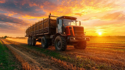 Fototapeta premium modern farming vehicle transporting hay at sunset in field, showcasing agricultural work and nature beauty