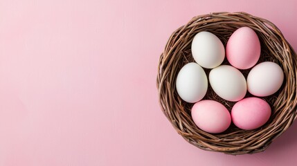Easter day concept. Pastel Easter Eggs with Watercolor Inspired Designs in Woven Nest