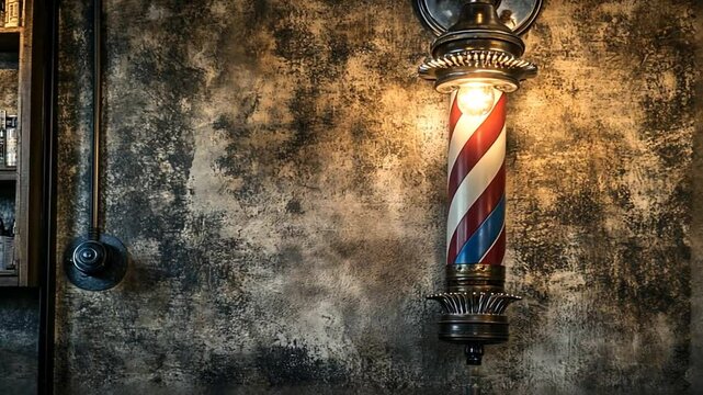 A vintage barber pole lamp illuminating a textured wall.