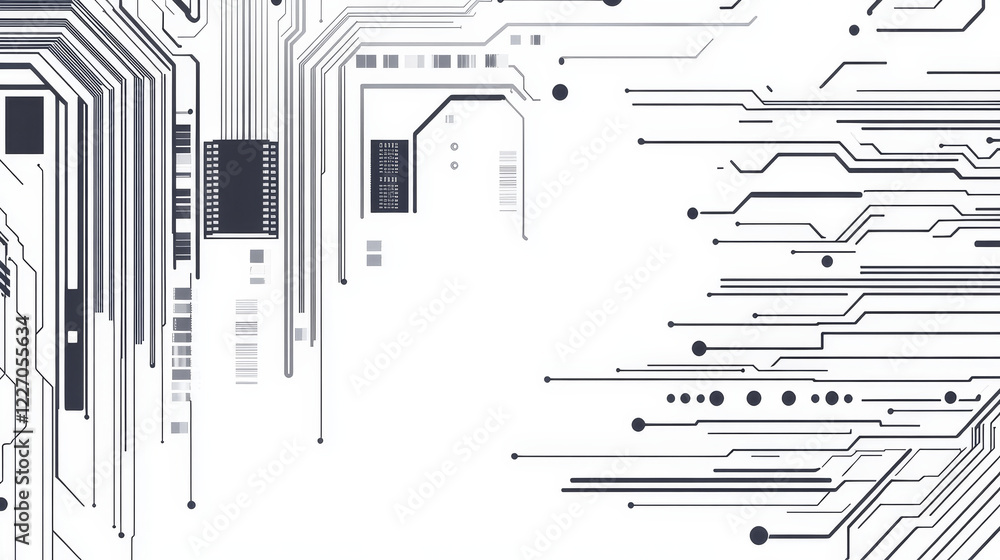 Poster bar code with circuit board layout elements and chip on the top isolated on white background, for co