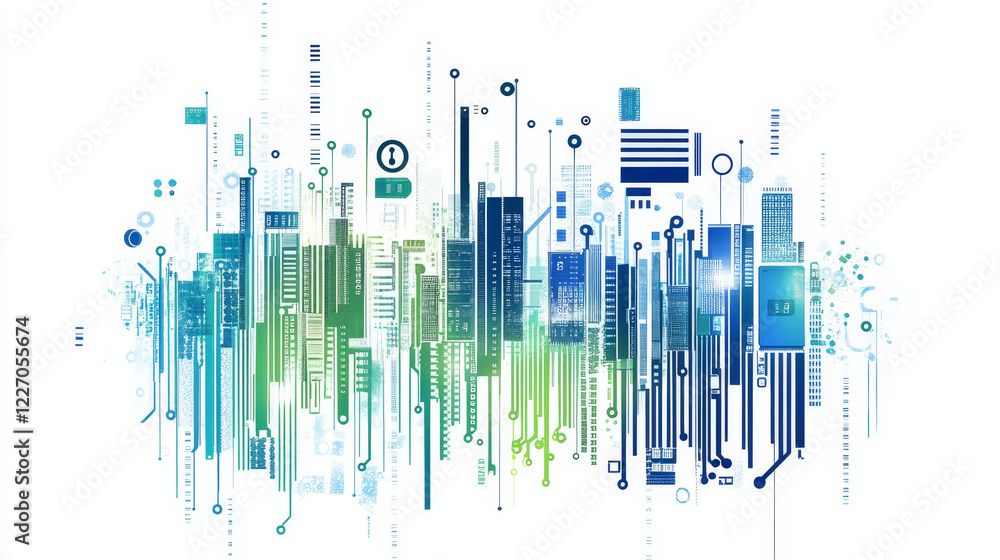 Poster bar code with circuit board layout elements and chip on the top isolated on white background, for co
