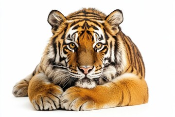 Fototapeta premium Majestic tiger rests, intense gaze.