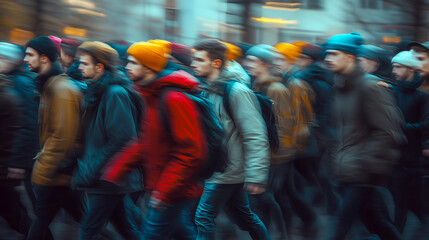 Obraz premium A large crowd of people walking in a blurred motion, depicting a sense of urban life, movement, and anonymous individuals in a bustling city