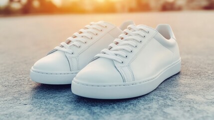 Pair of white leather sneakers with textured soles sits on a light gray surface, illuminated by warm outdoor light.  The shoes have a minimalist design and appear new. The background is blurred