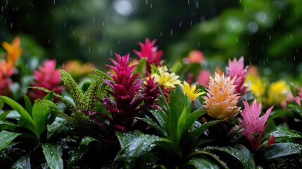 Fototapeta premium Colorful Bromeliads Blooming in Rain, Garden Background, Nature Photography, Ideal for Botanical Prints