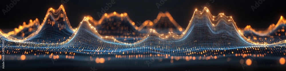 Poster data visualization with golden connections, abstract network flow with neon light peaks over a grid