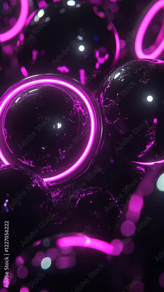 Poster vibrant abstract composition of luminous spheres and rings in shades of pink against a dark backgrou