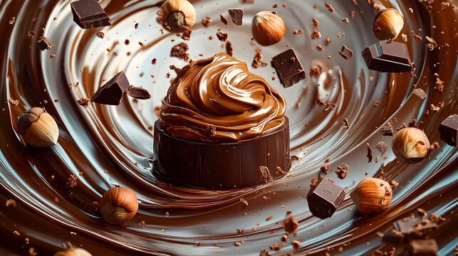 World Nutella Day Themed, Delicious chocolate spread with hazelnuts and chocolate pieces swirling around