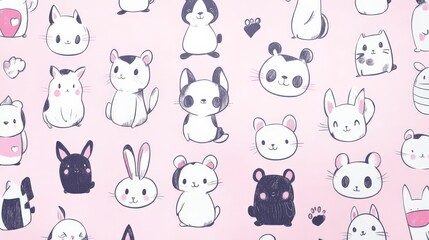 Cute Cartoon Animals Including Bears, Bunnies, and Kittens on Pink Background