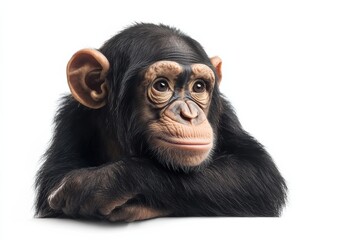 Naklejka premium Young chimpanzee resting its chin on its arms.