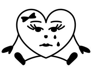 Lady character - heart sits and cries. Woman in the form of love symbol. Sadness on the face, tears dripping from the eyes, hands on the sides, bow decoration. Sketch. Vector illustration. 