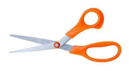Medium open multipurpose scissors with orange handle in horizon isolated on white background with clipping path