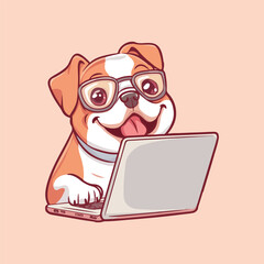 Bulldog working a loptop Cartoon Vector Illustration