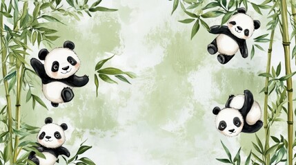 Playful Pandas Among Bamboo in a Soft Green Background for a Natural Vibe
