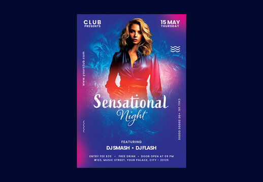 Sensational Night Party Poster with Stunning Golden Hair Woman in Elegant Blue Dress.