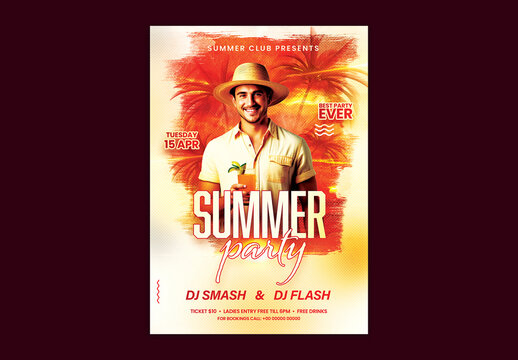 Summer Party Flyer with Handsome Man Enjoying a Cocktail Drink on the Beach.
