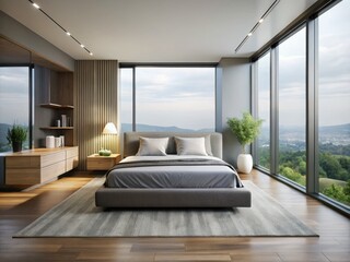 Panoramic window floods a minimalist grey bedroom with light, showcasing a fantastic view; grey bed, stylish decor.