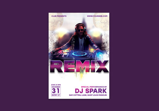 Remix Music Poster with DJ Man Playing Night.