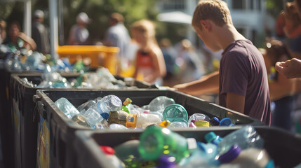 recycling event where people of all ages are actively participating in sorting and depositing waste into designated bins, fostering awareness and environmental responsibility 