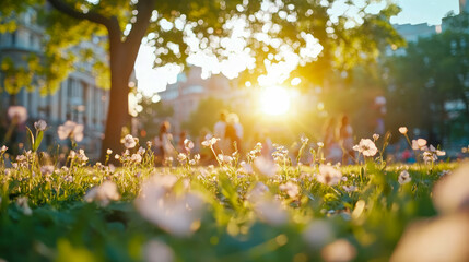 Obraz premium Golden Hour Meadow: City Park Bloom at Sunset