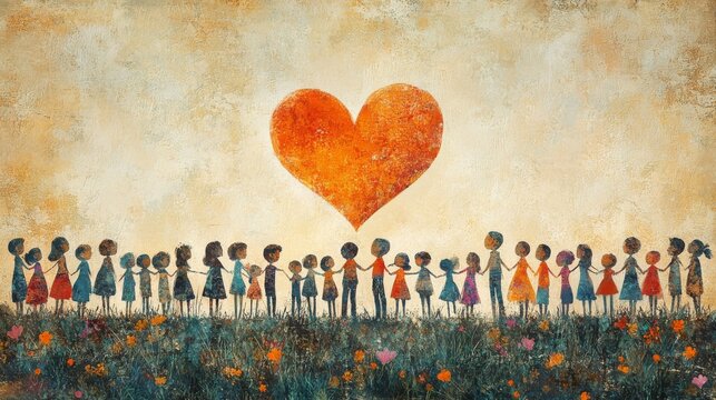 A group of children holding hands under a large heart, representing unity, love and togetherness in a vibrant and textured painting