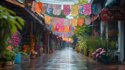 Fototapeta premium Vibrant street scene with colorful banners, rainy atmosphere, tropical greenery, perfect for travel themes or cultural exploration.