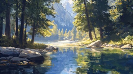 Calm river reflecting mountains, sunlight through forest, peaceful nature scene, idyllic landscape