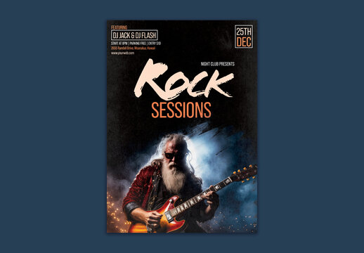 Rock Session Flyer with Elderly Guitarist Male and Event Details.
