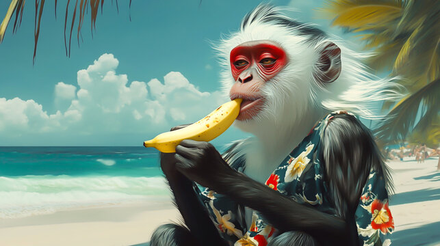 Digital art of a white and black monkey with long hair,
