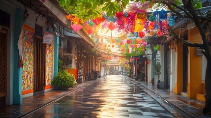 Naklejka premium Charming alleyway after rain, vibrant colorful banners hanging overhead, empty cobblestone streets glowing in warm light.