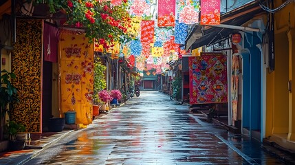 Fototapeta premium Vibrant alleyway after rain, colorful doors and lanterns lining the streets, inviting atmosphere for exploration and discovery.