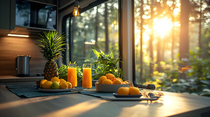 Cozy van kitchen with green plants and refreshing drinks at sunset. Generative AI